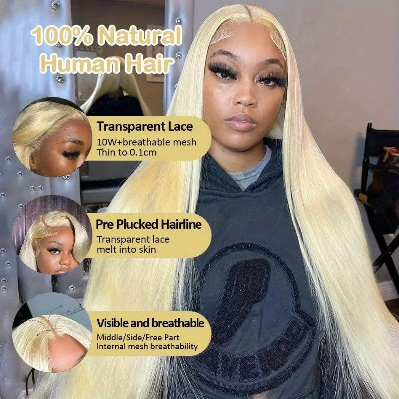 Elegant 13x4 HD Lace Front Straight Human Hair, 200% Density, Glue-Free, Long Blonde Hair Extensions for Women, Perfect for Stylish Everyday Looks, Everyday Hair Extensions | Stylish Blonde Wig | Natural Texture Wig, Hair Wig